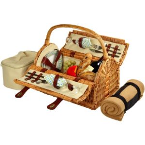picnic at ascot huntsman english-style willow picnic basket with service for 2 and blanket- designed, assembled & quality approved in the usa