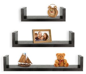 greenco set of 3 floating “u” shelves, easy-to-assemble floating wall mount shelves for bedrooms and living rooms, espresso finish