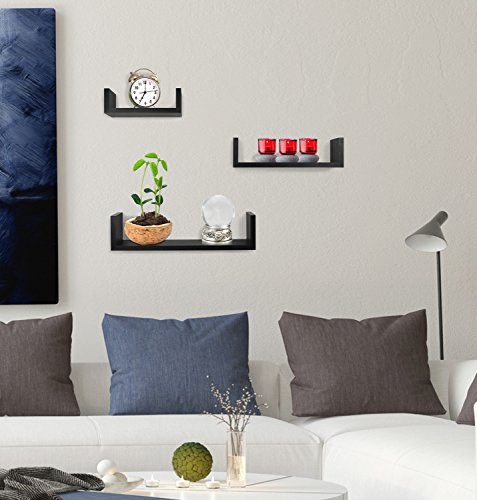 Greenco Set of 3 Floating “U” Shelves, Easy-to-Assemble Floating Wall Mount Shelves for Bedrooms and Living Rooms, Espresso Finish