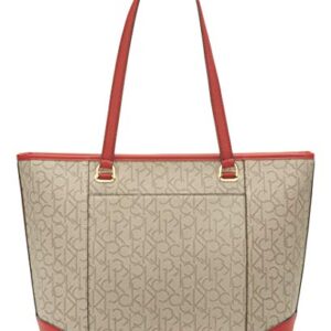 Calvin Klein Mercy Signature Top Zip Tote, Textured Almond/Taupe/Maraschino