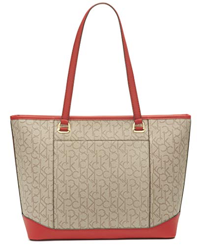 Calvin Klein Mercy Signature Top Zip Tote, Textured Almond/Taupe/Maraschino