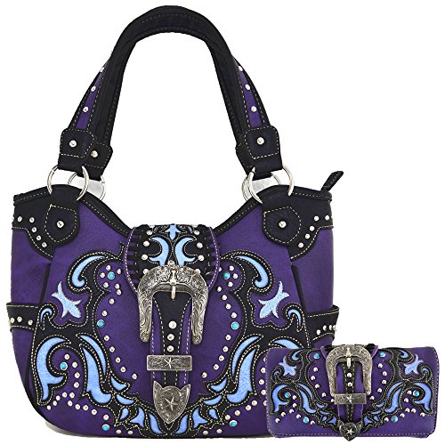 Western Style Belts Buckle Studded Concealed Carry Purse Laser Cut Handbags Women Shoulder Bag Wallet Set (Purple Set)