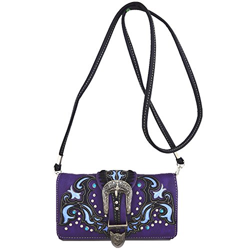 Western Style Belts Buckle Studded Concealed Carry Purse Laser Cut Handbags Women Shoulder Bag Wallet Set (Purple Set)