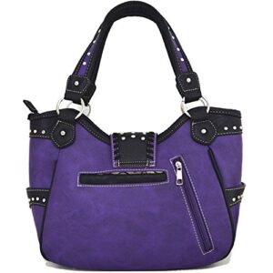 Western Style Belts Buckle Studded Concealed Carry Purse Laser Cut Handbags Women Shoulder Bag Wallet Set (Purple Set)