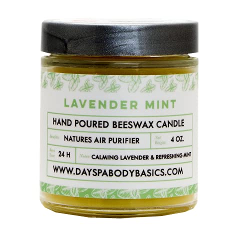 Lavender Mint Hand-Poured Beeswax Candle - All-Natural Essential Oil Scented, Cotton Braided Wick, Smokeless, Cleans Air, Non-Toxic, Non-Polluting, Handmade in USA by DAYSPA Body Basics