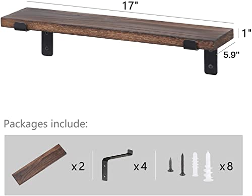 Mkono Floating Shelves Wall Mounted Rustic Wood Wall Shelf Modern Storage Shelving with L Brackets for Home Decor Bathroom Bedroom Living Room Kitchen Office Set of 2, Brown, 17"