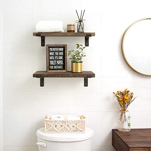 Mkono Floating Shelves Wall Mounted Rustic Wood Wall Shelf Modern Storage Shelving with L Brackets for Home Decor Bathroom Bedroom Living Room Kitchen Office Set of 2, Brown, 17"