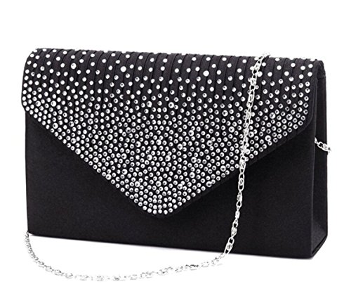 U-Story Women's Rhinestone Satin Frosted Evening Wedding Clutch Bag Handbag Purse (Black)