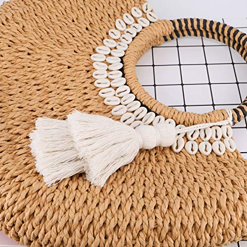 QTKJ Semi-circle Beach Rattan Straw Handbags with Tassels Pendant, Simple Retro Fashion Hand-woven Summer Beach Tote Straw Bag Purse with Sea Shell for Women