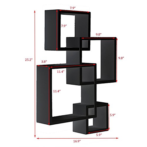 Henf Wooden Interweave Floating Wall Mounted Shelves, 4 Cube Intersecting Wall Mounted Floating Shelves for Living Room Bedroom Entryway Hallway Bathroom,Black