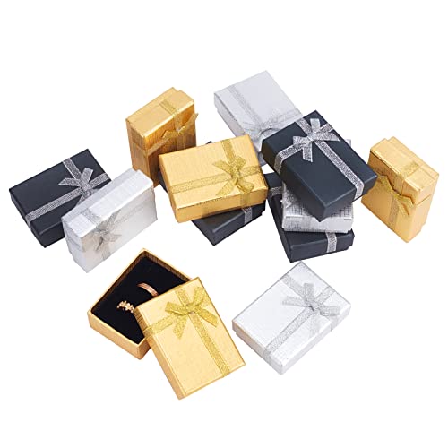 PH PandaHall Jewelry Gift Box Set, 12Pcs 2.7x2x1 Inch Cardboard Jewelry BoxesGift Box Small Earring Gift Box with Bowknot for Pendant Jewelry Necklaces Bracelet, Golden/Silver/Black