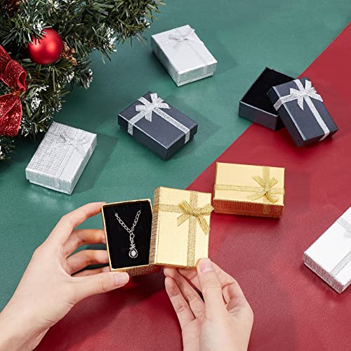 PH PandaHall Jewelry Gift Box Set, 12Pcs 2.7x2x1 Inch Cardboard Jewelry BoxesGift Box Small Earring Gift Box with Bowknot for Pendant Jewelry Necklaces Bracelet, Golden/Silver/Black