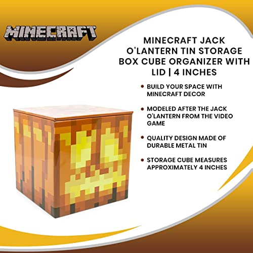 MINECRAFT Jack O'Lantern 4-Inch Tin Storage Box Cube Organizer with Lid | Basket Container, Cubby Cube Closet Organizer, Home Decor Playroom Accessories | Video Game Toys, Gifts And Collectibles