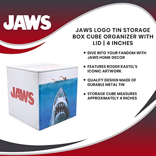 JAWS Logo Tin Storage Box Cube Organizer with Lid | 4 Inches