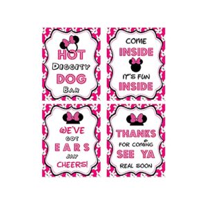 minnie mouse birthday decoration signs | 4 different party signs | 8 x 10 inch minnie mouse party supplies birthday sign printed in card stock | minnie mouse clubhouse inspired door signs | food labels disney decorations hot dog bar decor