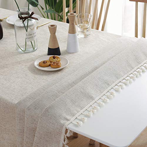 AMZALI Washable Cotton Linen Tablecloths Fabric Tassel Tablecloth Dust-Proof Table Cover for Kitchen Dinning Tabletop Home Decoration Everyday Use (Square, 55 x 55 Inch, Linen)