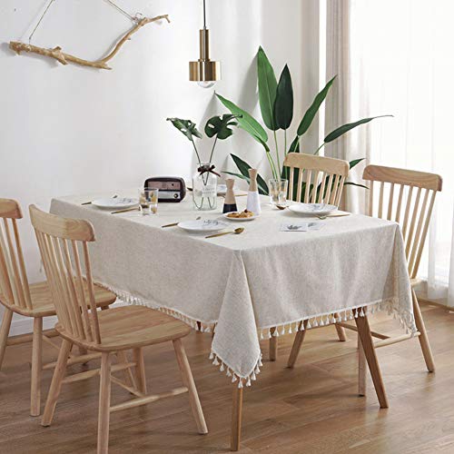 AMZALI Washable Cotton Linen Tablecloths Fabric Tassel Tablecloth Dust-Proof Table Cover for Kitchen Dinning Tabletop Home Decoration Everyday Use (Square, 55 x 55 Inch, Linen)