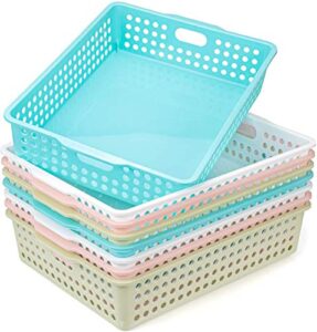 lawei 8 pack plastic storage baskets – colorful paper organizer baskets plastic shelf bins with handles, classroom office file holder for home office school