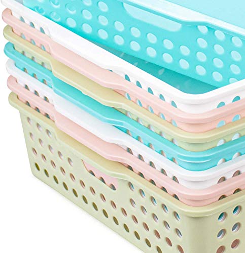 Lawei 8 Pack Plastic Storage Baskets - Colorful Paper Organizer Baskets Plastic Shelf Bins with Handles, Classroom Office File Holder for Home Office School