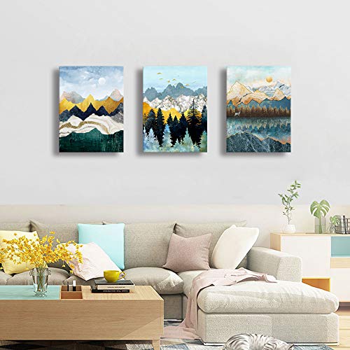Abstract Geometric Mountain Watercolor Painting Wall Decoration for Bedroom 3 Piece 12" X 16" Abstract Canvas Wall Art for Living Room Modern Canvas Prints Kitchen Bathroom Wall Decor Office Home Decoration