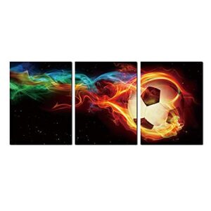 sport boy room wall art multicolor flame triptych soccer artwork canvas poster print for baby’s bedroom wall decor stretched framed colorful football picture dormitory nursery kids room decor 12x16inchx3