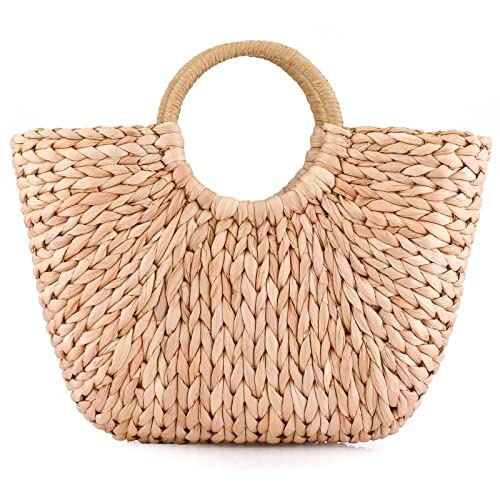 YYW Beach Totes Bags for Women Summer Large Straw Hand-woven Top-handle Handbag Sea Straw Bag Beach Rattan Clutch Purse (Brown)