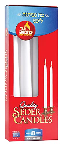 Ner Mitzvah Passover Seder Candles - 8 Hour Burn Time - European Made - Pack of 4 Taper Candles