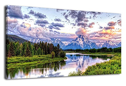 arteWOODS Landscape Canvas Wall Art Nature Picture Oxbow Bend Grand Teton National Park Modern Canvas Artwork River and Forest Contemporary Wall Art Large Size for Home Office Decoration 20" x 40"