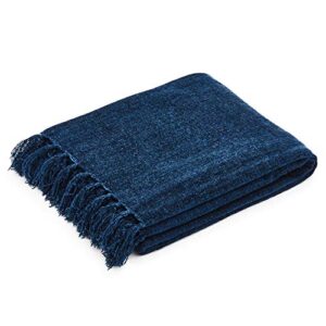 americanflat 50×60 chenille throw blanket in blue with – breathable polyester with decorative fringe – wrinkle and fade resistant