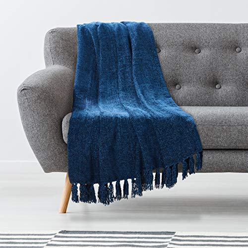 Americanflat 50x60 Chenille Throw Blanket in Blue with - Breathable Polyester with Decorative Fringe - Wrinkle and Fade Resistant