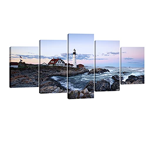 Wieco Art Portland Lighthouse 5 Panels Modern Canvas Prints Artwork Seascape Pictures to Photo Paintings on Stretched and Framed Canvas Wall Art Décor for Living Room Bedroom Home Decorations