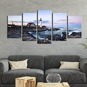 Wieco Art Portland Lighthouse 5 Panels Modern Canvas Prints Artwork Seascape Pictures to Photo Paintings on Stretched and Framed Canvas Wall Art Décor for Living Room Bedroom Home Decorations