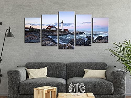 Wieco Art Portland Lighthouse 5 Panels Modern Canvas Prints Artwork Seascape Pictures to Photo Paintings on Stretched and Framed Canvas Wall Art Décor for Living Room Bedroom Home Decorations