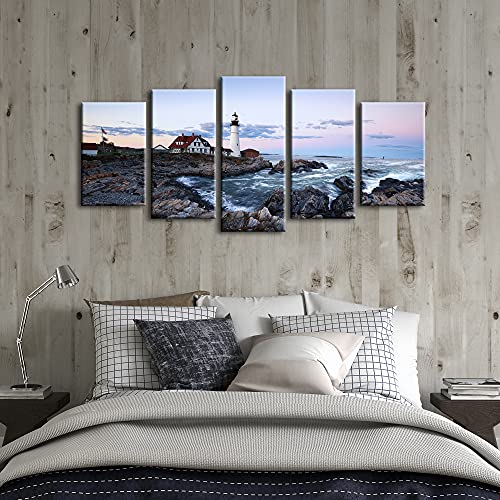 Wieco Art Portland Lighthouse 5 Panels Modern Canvas Prints Artwork Seascape Pictures to Photo Paintings on Stretched and Framed Canvas Wall Art Décor for Living Room Bedroom Home Decorations