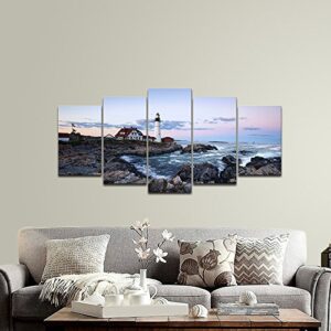 Wieco Art Portland Lighthouse 5 Panels Modern Canvas Prints Artwork Seascape Pictures to Photo Paintings on Stretched and Framed Canvas Wall Art Décor for Living Room Bedroom Home Decorations