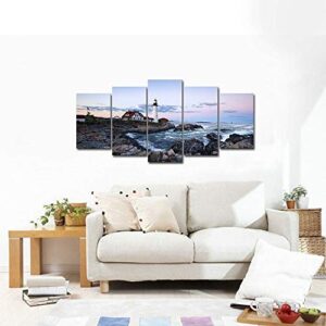 Wieco Art Portland Lighthouse 5 Panels Modern Canvas Prints Artwork Seascape Pictures to Photo Paintings on Stretched and Framed Canvas Wall Art Décor for Living Room Bedroom Home Decorations