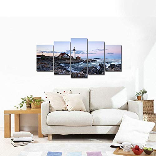 Wieco Art Portland Lighthouse 5 Panels Modern Canvas Prints Artwork Seascape Pictures to Photo Paintings on Stretched and Framed Canvas Wall Art Décor for Living Room Bedroom Home Decorations