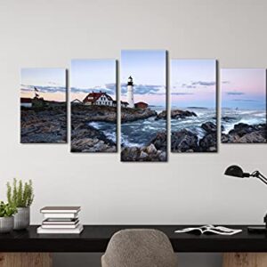 Wieco Art Portland Lighthouse 5 Panels Modern Canvas Prints Artwork Seascape Pictures to Photo Paintings on Stretched and Framed Canvas Wall Art Décor for Living Room Bedroom Home Decorations