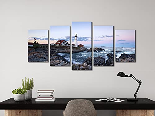 Wieco Art Portland Lighthouse 5 Panels Modern Canvas Prints Artwork Seascape Pictures to Photo Paintings on Stretched and Framed Canvas Wall Art Décor for Living Room Bedroom Home Decorations