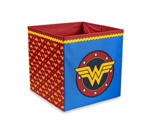dc comics wonder woman logo 11-inch storage bin cube organizers| fabric basket container, cubby cube closet organizer | comic book superhero toys, gifts and collectibles
