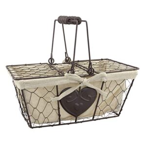 stonebriar farmhouse metal chicken wire picnic basket with hinged lids, handles, and heart detail, 10.5″ x 6.5″, cream