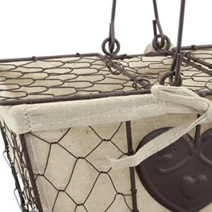 Stonebriar Farmhouse Metal Chicken Wire Picnic Basket with Hinged Lids, Handles, and Heart Detail, 10.5" x 6.5", Cream