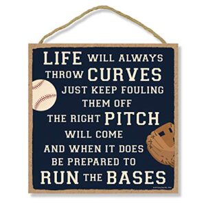 honey dew gifts home sign, life will always throw curves 10 inch by 10 inch hanging wall baseball decor, decorative wood sign, baseball gifts