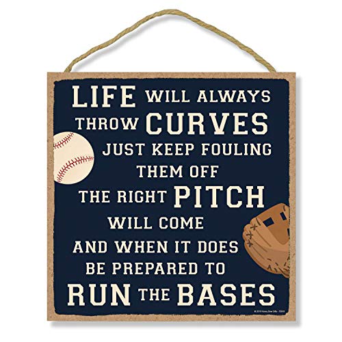 Honey Dew Gifts Home Sign, Life Will Always Throw Curves 10 inch by 10 inch Hanging Wall Baseball Decor, Decorative Wood Sign, Baseball Gifts