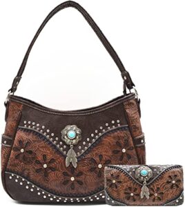 tooled leather laser cut flower feather purse studs country western handbag women shoulder bag wallet set (coffee 2)