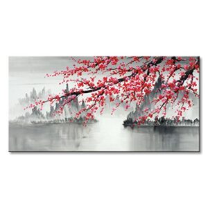traditional chinese painting hand painted plum blossom canvas wall art modern black and white landscape oil painting for living room bedroom office decoration (48×24 inch)