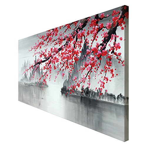 Traditional Chinese Painting Hand Painted Plum Blossom Canvas Wall Art Modern Black and White Landscape Oil Painting for Living Room Bedroom Office Decoration (48x24 inch)