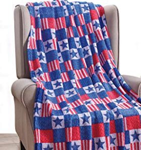 Décor&More July 4th USA American Pride Collection Microplush Throw Blanket (50" x 60") - Patriotic Patchwork Blue, White and Red Throw