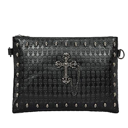 DownUpdown Men Women Clutch Skull Clutch Handbags Punk Evening Bag Faux Leather Skull Print Wallet Handbags Gothic Purse Cross Chain Clutch with Shoulder Strap -Black