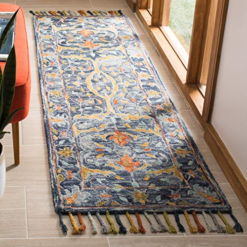 SAFAVIEH Aspen Collection 2'3" x 7' Blue / Rust APN116M Handmade Boho Braided Tassel Wool Runner Rug